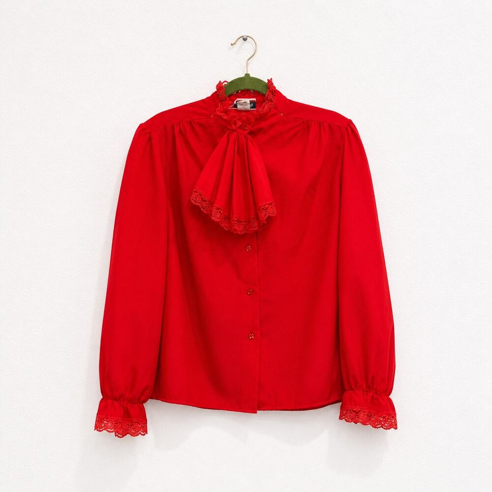 Vintage Rhapsody Red Lace Jabot Blouse Ruffle High Neck Long Sleeve Sz L